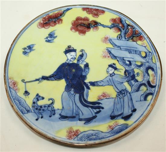 A Chinese yellow ground underglaze blue and copper red opium dish, Kangxi period, 17cm